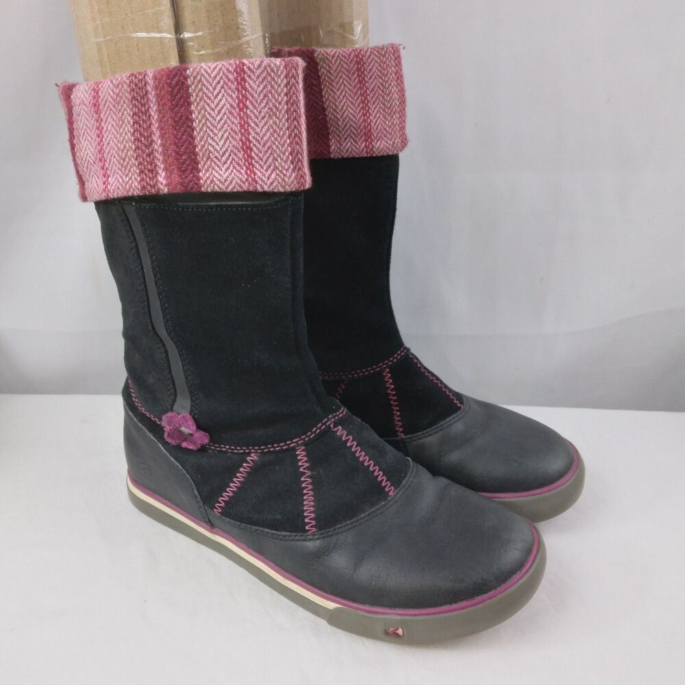 Keen Boots Black Leather Pink Striped Cuff Flower Detail Inside Zip Girls Size 4